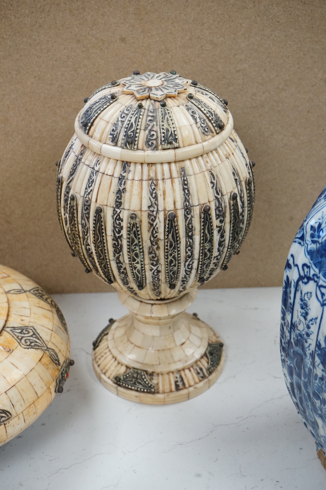 Four Indian camel bone veneered vases and boxes, tallest 30cm high